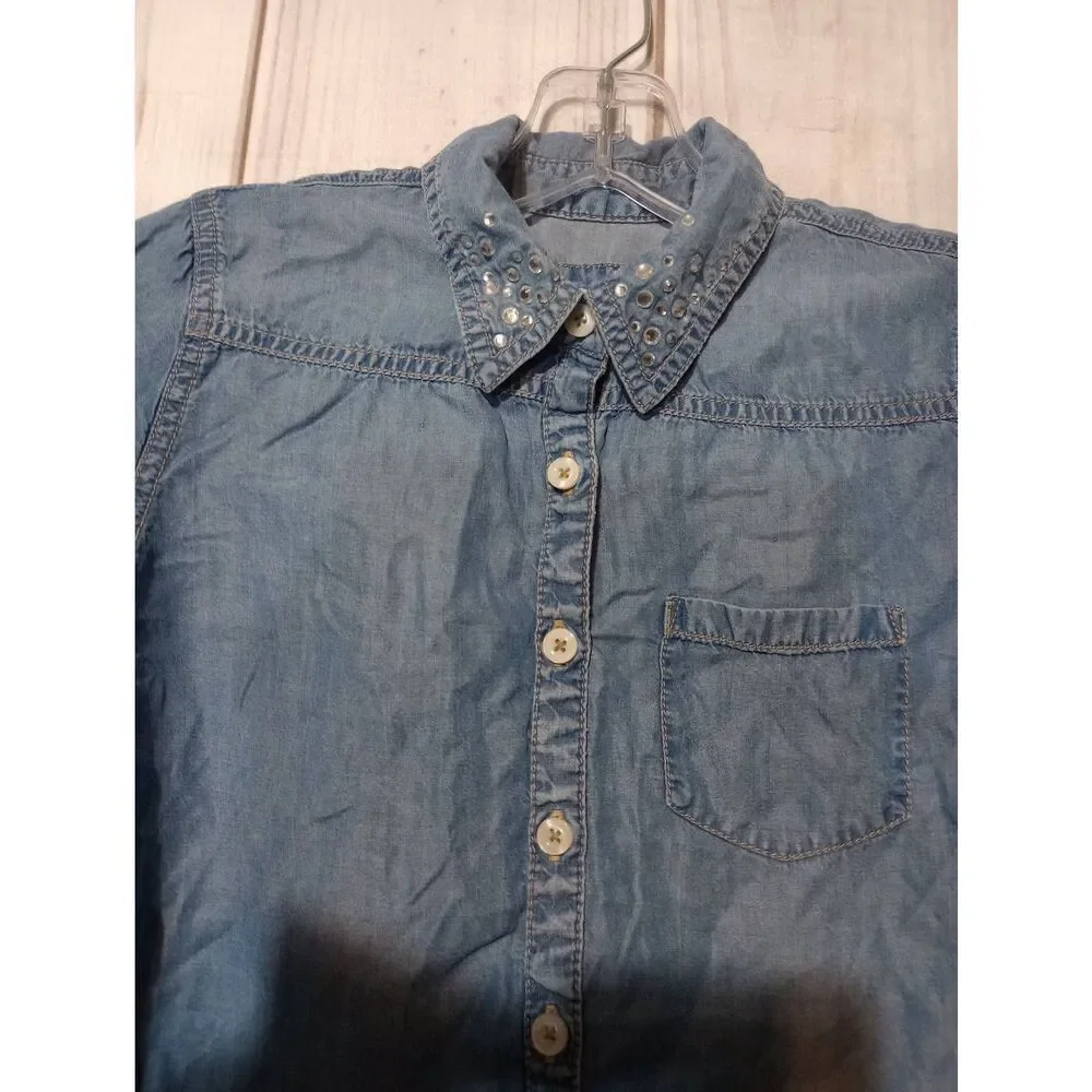 Justice Shirt Girls 10 Blue Chambray‎ Button Front Beaded